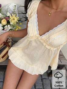 Women's Pink V-Neck Cute Sweet Lace Patchwork Short Sleeve Blouse, Suitable For Picnic, Home, Date, Vacation, Versatile - Hồng - Xem 1