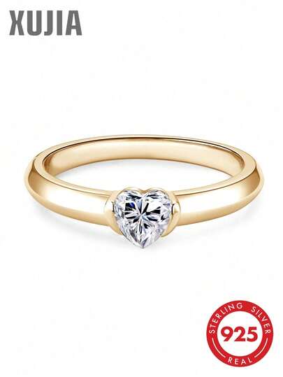XUJIA 1枚0.5克拉莫桑石戒指，女士925纯银，D-E色，VVS1净度，圆形或心形单石切割，订婚、周年纪念、结婚戒指，女士珠宝礼物