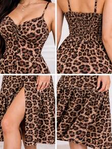 Women's Long Dress With Button Front, Ruffled Straps, Sleeveless Tank Top Dress With Buttons, Ruffled Style, Elegant Party Dress - Leopard Print - View 4