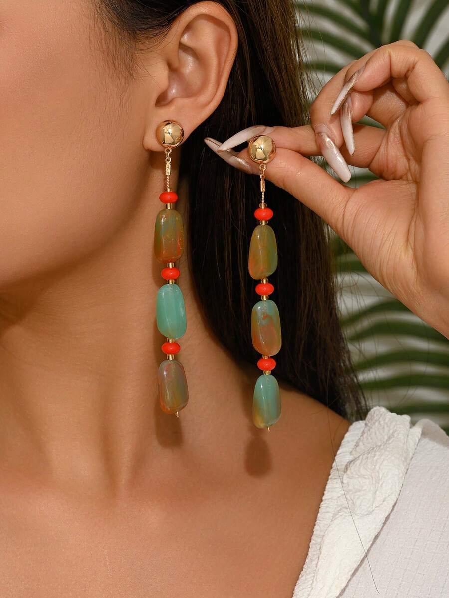 1 par de pendientes elegantes de estilo bohemio con semicírculo dorado, bloques asimétricos de resina con patrón verde, cuentas planas naranja-rojo y borlas hechas a mano. Adecuados para vacaciones, fiestas, uso diario, Día de la Madre, Acción de Gracias y otras festividades. Diseñados para damas sexys y encantadoras. Patrones y colores de resina aleatorios, cada pieza de resina tiene una marca de inyección, por favor entienda. - Multicolor - Ver 1