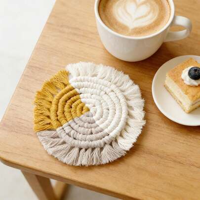 1 chiếc đế lót cốc macrame, đế lót cốc tròn đan thủ công có tua rua, thảm cách nhiệt phong cách Boho dùng trang trí bàn ăn.