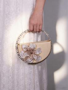 Round Diamond Hoop Leather Floral Handbag, Fashion Women's Evening Party Wedding Gift Clutch - Gold - View 4