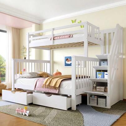 White Bunk Beds Double High Sleeper Bed Frame With Storage Drawers & Guardrail, Space-Saving Cabin Bed With Storage Stair For Bedroom Dorm (No Mattress)