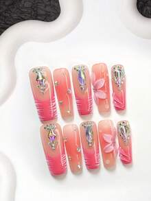 10pcs/Set Rhinestone Style Handmade Nail Art Kit, Fake Nails, Diamond Shaped Nail Decor, Handcrafted Floral & Striped Nail Stickers, Pink Nail Polish, Elegant Style, Includes Nail Tools (1 Jelly Sticker + 1 Nail File), 3 Sizes Available: Almond, Duck Mouth, Coffin Shape, Suitable For Parties, Daily Wear, Events, Photography, Spring/Summer - Multicolor - View 17
