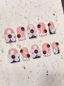 Press On Nails Set, Handmade 10PCS Short Square Nude Pink French Tip Nails With White Flower Ladybug Polka Dot, Cute Kawaii Summer Fresh Reusable Salon-Quality False Nails For Daily Party, Gift For Her - Multicolor - View 5