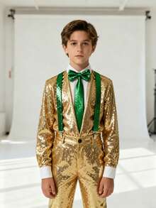 1SET Men's Sequin Bow Tie, Tie, And Suspenders Three Pieces Set, Apparel Accessories Combination Set - Multicolor - View 2