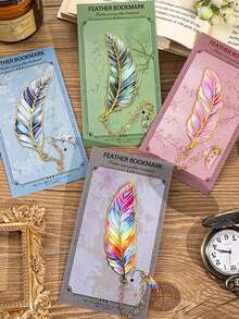 1 pièce de marque-page en métal avec plume simulée, style artisanal vintage avec un petit pendentif. Un élément de lecture indispensable, convient comme petit cadeau pour les enseignants - Marque-page en plumes - Voir 5