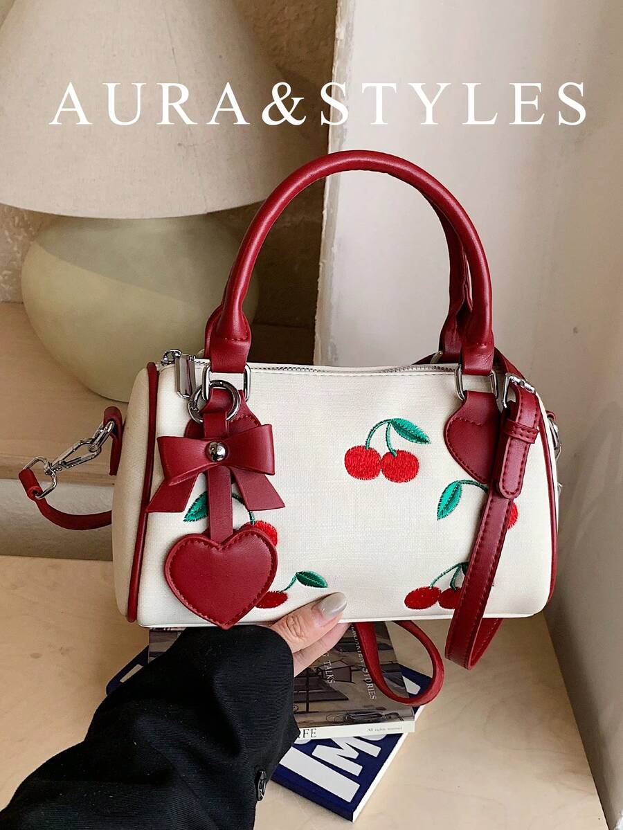 樱桃刺绣新款手提包，ins风枕形包，波士顿单肩斜挎包（女士款） - 紅色 - 查看 1