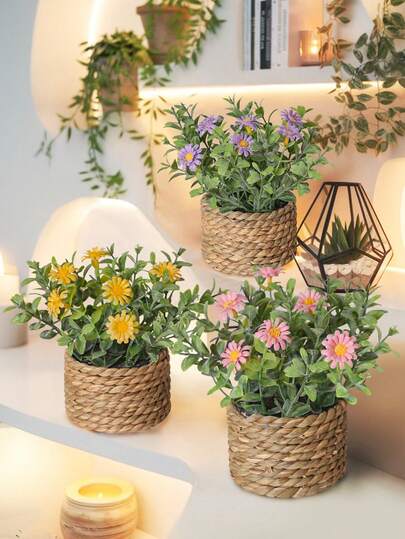 Bộ 3 chậu hoa cúc giả, thiết kế chậu cây giả giống thật, phối màu hồng, trắng và vàng, gồm 6 bông cúc, kết cấu sống động như thật, làm từ chất liệu PE, cây trang trí trong nhà/ngoài trời, thích hợp cho ngày Valentine, trang trí lễ Phục sinh, trang trí mùa xuân/hè, lý tưởng để trồng ban công và trưng bày trong vườn.