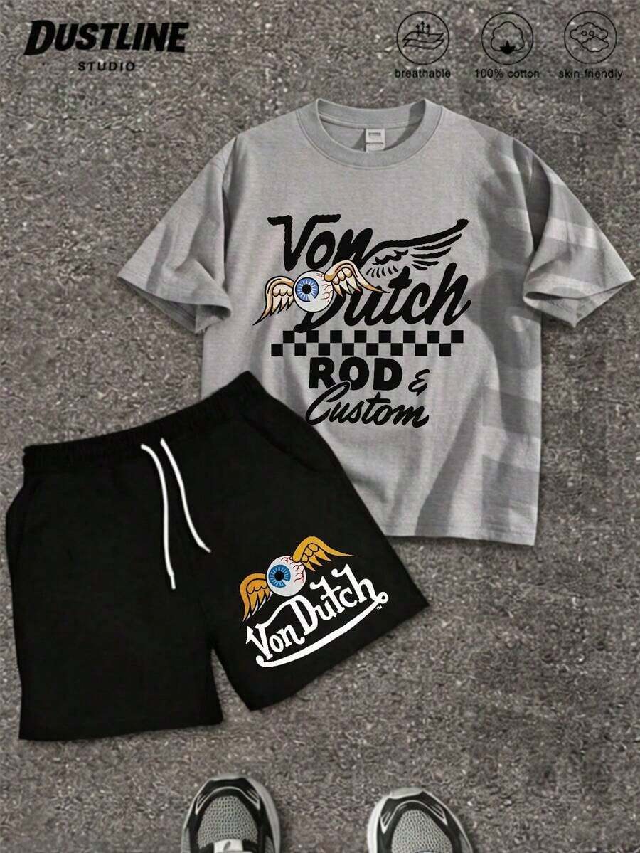 Handmade With Love Mens Creative T Shirt And Shorts Set American Vintage Full Print Street Wear Essential T Shirt Set Men Graphic T Shirt And Shorts Set Vons Dutchs Logo And Text Print Breathable Cotton Casual Outfit For Daily Wear And Leisure Activities Summer Outfits For Women Vacation Outfits Women Summer Clothes Summer - 灰色 3 - 查看 1