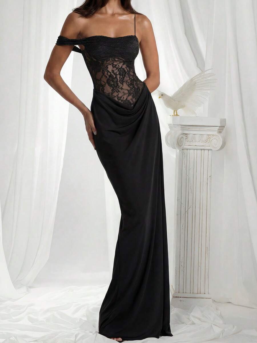 Women's Black Lace Evening Gown, Asymmetrical Strap Fitted Floor-Length Dress, Formal Evening Dress (JH26211) Elegant Summer - Black - View 1