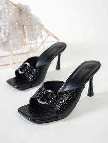 2026 Summer New Rhinestone Buckle Crocodile Embossed Square Toe High Heel Sandals, Exquisite Fashion Luxury Quality Versatile Ladies Sandals - Black - View 4