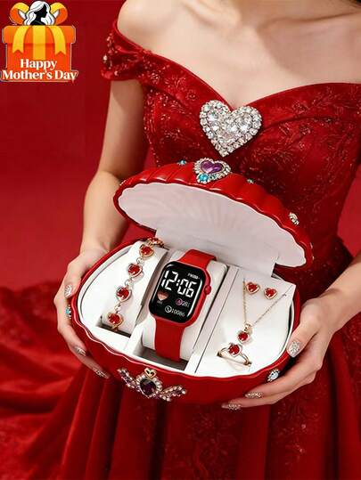 6/5件套时尚简约优雅可爱女士方形数字显示电子手表，适合搭配心形水晶首饰，如项链、手链、耳环、戒指等，是派对、聚会、生日、节日的完美之选，也是母亲节、开学季、婚礼季送给朋友、母亲、女友的理想礼物。