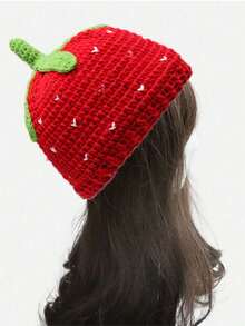 1pc Women's Handmade Crochet Strawberry Pattern Bucket Hat, Bohemian Style Hollow Out Ruffled Cute Knitted Cap, Breathable Foldable Casual Hip Hop Hat - 紅色 - 查看 14