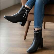 Bota Bico quadrado salto confort fashion Strass bota branca botas feminina elegante - Preto - Visão 1