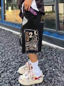 YANGCANREN 男士创意数字刺绣沙滩牛仔短裤 - 藍色 - 查看 3