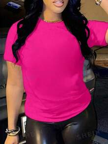 Solid Color Round Neck Basic Short Sleeve T-Shirt Is Suitable For Summer Casual WearLoose And Comfortable - Hot Pink - View 7