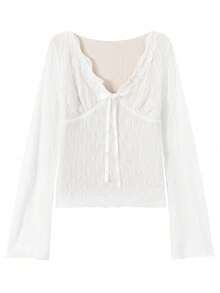 Áo thun dài tay cổ chữ V viền ren kiểu Pháp thanh lịch dành cho nữ, áo crop top ôm dáng kiểu BM thắt nơ mùa thu. - Màu be - Xem 6