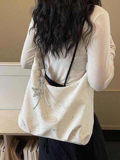 1 件装时尚简约褶皱星空单肩包，大容量斜挎包，饰有闪亮星星，适合工作、上学和日常使用。