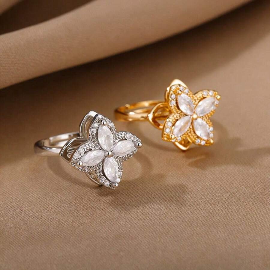 JOJELOO 复古时尚可旋转锆石花朵戒指，独特设计，舒缓压力，是女性日常、派对、母亲节、圣诞节、新年等场合的最佳选择。