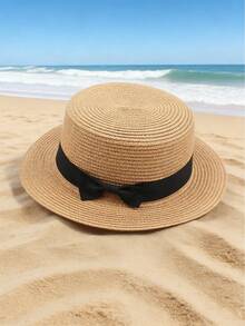 1pc Bohemian Style French Raffia Bow Straw Hat, Women Summer Beach Sun Protection Panama Hat - A - View 5