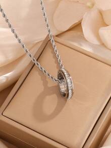 1 pieza Anillo con corazón de acero inoxidable chapado en oro de 18K con diamantes de imitación, con collar de cadena de cuerda de oro de 14K, adecuado para uso diario de mujeres, regalo de vacaciones, collar colgante de moda - collar - Ver 15
