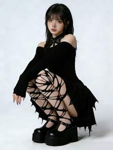 1 Pair Gothic Style Black & White Ripped Fishnet Thigh High Stockings, Hollow Out Over-The-Knee Tights - Black - View 3