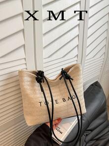 Straw Woven Casual Large Capacity Minimalist Shopping Tote Bag, Suitable For Vacation And School - Beige - View 2