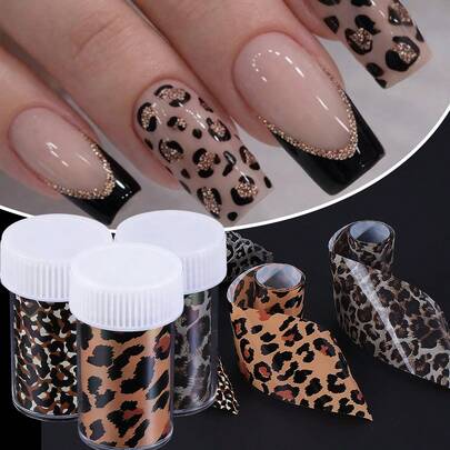 1 botella de láminas de transferencia de arte de uñas con estampado de leopardo, pegatinas de uñas de leopardo de cobertura completa, calcomanías de uñas con estampado animal, envolturas de uñas con estampado de cielo estrellado, suministros de decoración de manicura DIY para mujeres