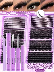680片裝蓬鬆簇擁假睫毛套組,8-16mm 80D/100D/120D 3D尖翹柔軟可重複使用,易修剪,適合所有眼型,含睫毛膠、卸除液與鑷子的完整DIY套組,高CP值初學者適用 - 黑色 - 查看 11