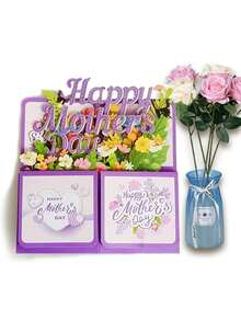 1/3/4件套母亲节鲜花礼盒 - 内含逼真的仿真玫瑰花束、3D立体母亲节贺卡、牛皮纸花包装袋和丝带。3D立体花束礼盒，紫色花束礼盒；花瓣柔软，枝条内置铁丝，可自由造型。 - 彩色 - 查看 4