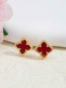 1 Đôi bông tai kẹp hình cỏ bốn lá may mắn, bông tai kẹp hình hoa bốn cánh thời trang, bông tai thanh lịch và đa năng dành cho nữ. - Đỏ - Xem 4