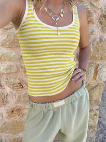 Áo tank top không tay kẻ sọc phối màu Vaiaye dành cho nữ, áo hai dây cổ tròn dệt kim cho mùa hè, áo thun hở lưng gợi cảm cho kỳ nghỉ lễ Ngày Thánh Patrick, phù hợp để đi làm hàng ngày. - Sọc vàng và trắng - Xem 6