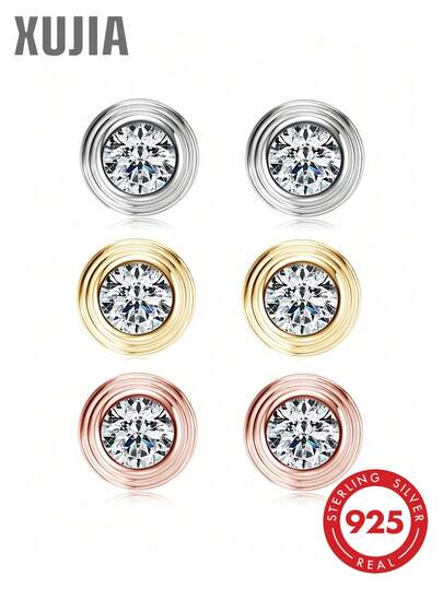 XUJIA 一对925纯银圆形切割3毫米-0.1克拉莫桑石女士时尚小耳环，情人节周年纪念日珠宝礼物，送给女朋友的生日礼物