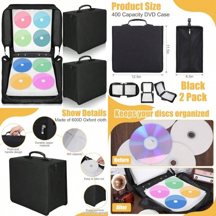 2 fundas para CD/DVD de 400 capacidades organizadoras de almacenamiento de CD carteras protectoras con cierre Oxford 600D portafolios de disco de tela para folletos álbumes coche - como en la imagen - Ver 1