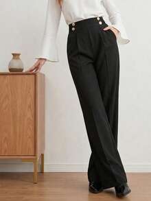 Elegant Black High-Waisted Wide-Leg Pants, Wooden Button Decor, Versatile For Office & Casual Wear Spring - Black - View 4