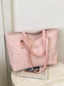 New Star Pattern Tote Bag, Nylon Fashion Large Capacity Shoulder Bag For Women - Pink - View 6