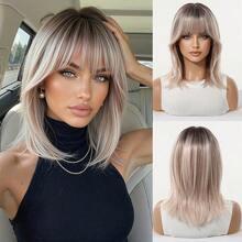 14 Inch Rooted Ombre Ash Blonde Bob Wig For Women With Air Bangs Shoulder Length Straight Heat Resistant Synthetic Wig Natural Looking For Cosplay Party Daily Use - Multicolor - View 14