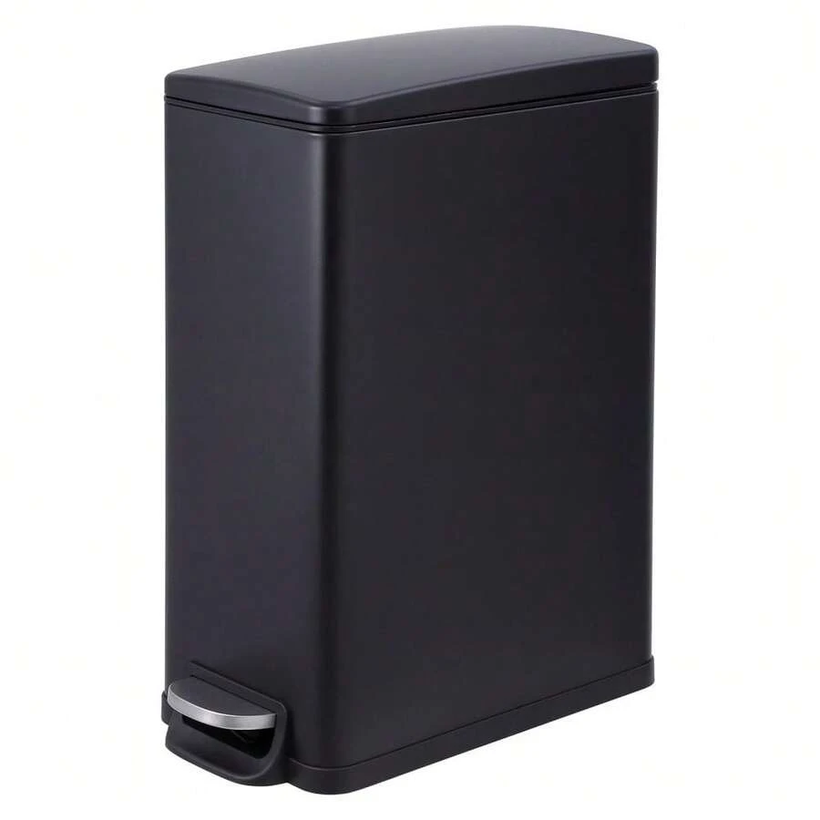 Beaully Slim Stainless Steel Trash Can – Space-Saving Indoor Recycling Bin – Step-On Pedal, Removable Inner Bucket, Soft Close Lid – Dog Proof – For Kitchen, Office, Or Bathroom - Black - View 1
