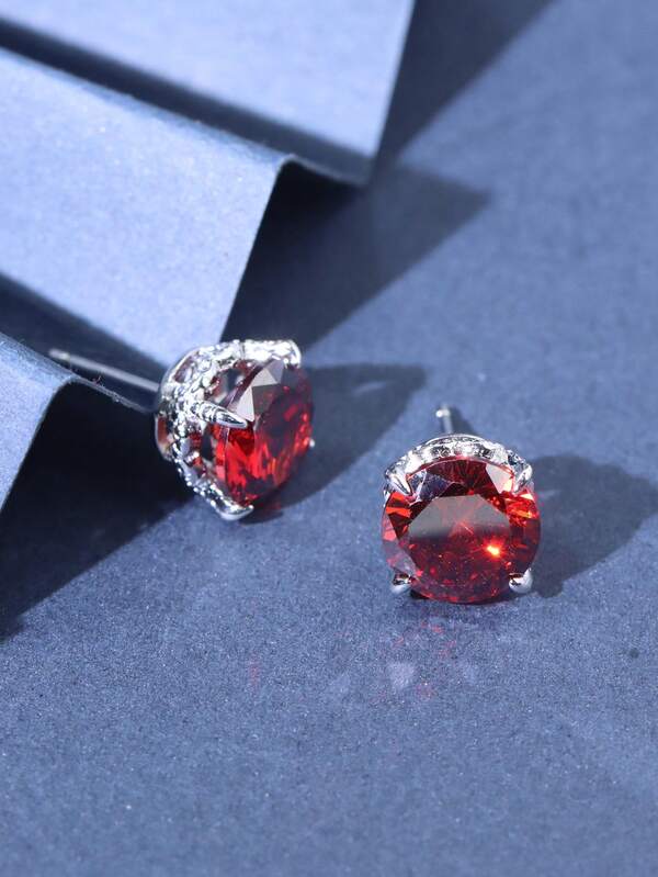 1 Pair S925 Silver Synthetic Garnet Stud Earrings, Minimalist Crown Design, Round Diamond Claw Setting, High Saturation Red Gemstone, Suitable For Daily And Party Looks, Shining Christmas Accessory