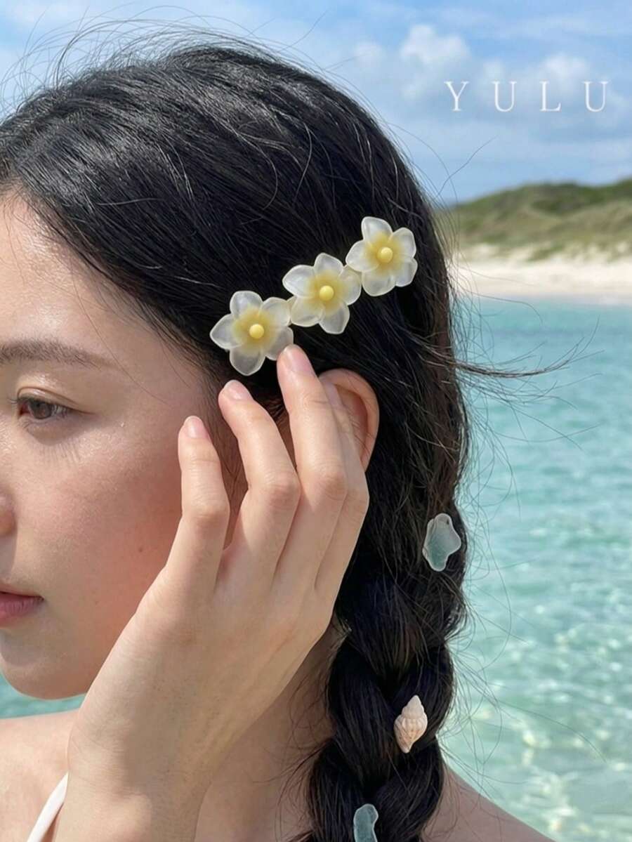 1 pieza Clip para el cabello de plástico ABS transparente con diseño de flor de lirio, versátil para el verano, la playa, el uso diario, como regalo, para peinados - Amarillo - Ver 1