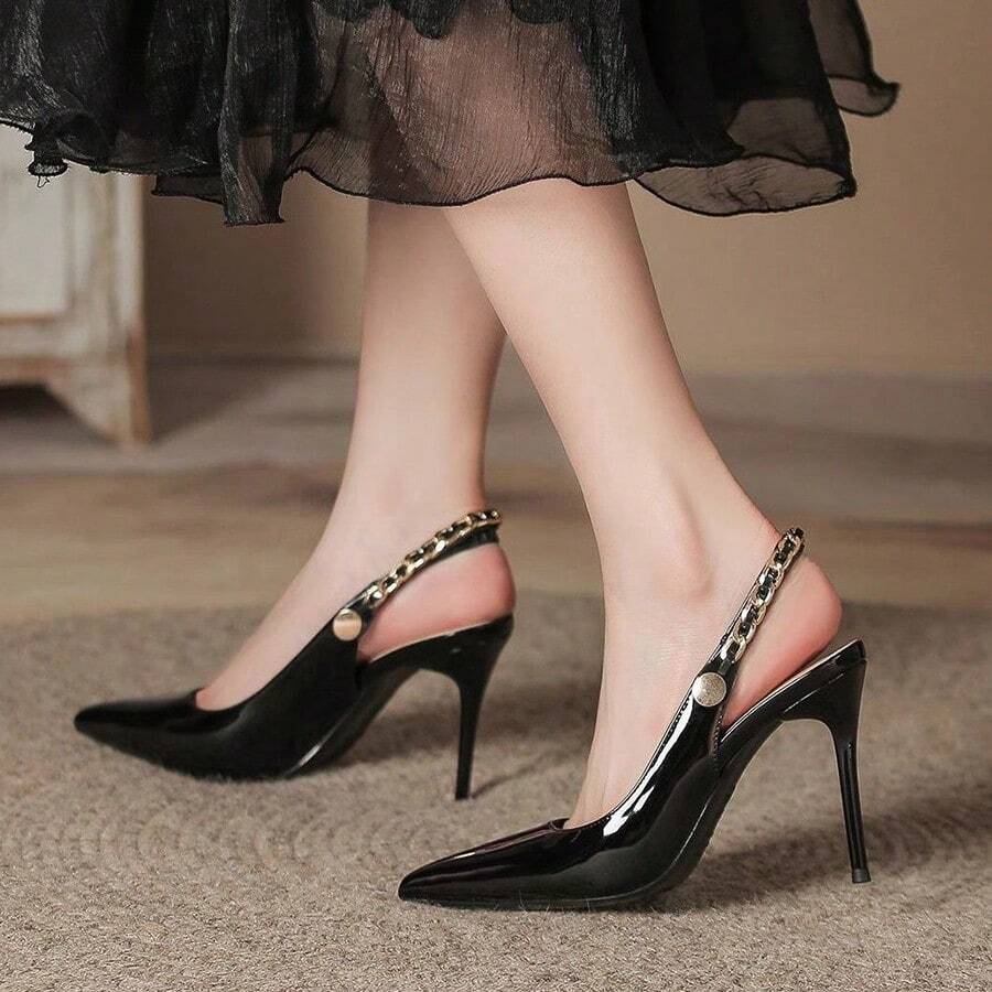 Zapatos de tacón de punta fina de estilo francés para mujer, negros, con correa trasera y cadena, de diseño exclusivo, ideales para el día a día - Negro - Ver 1