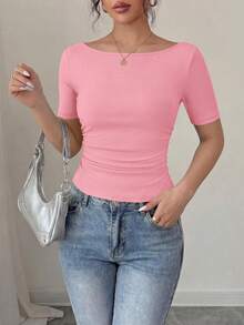 PRETTYGARDEN Womens Summer Short Sleeve Tops Boat Neck Ribbed Knit Slim Fit T Shirt Casual Basic Top Y2K Clothes - 淺粉色 - 查看 7