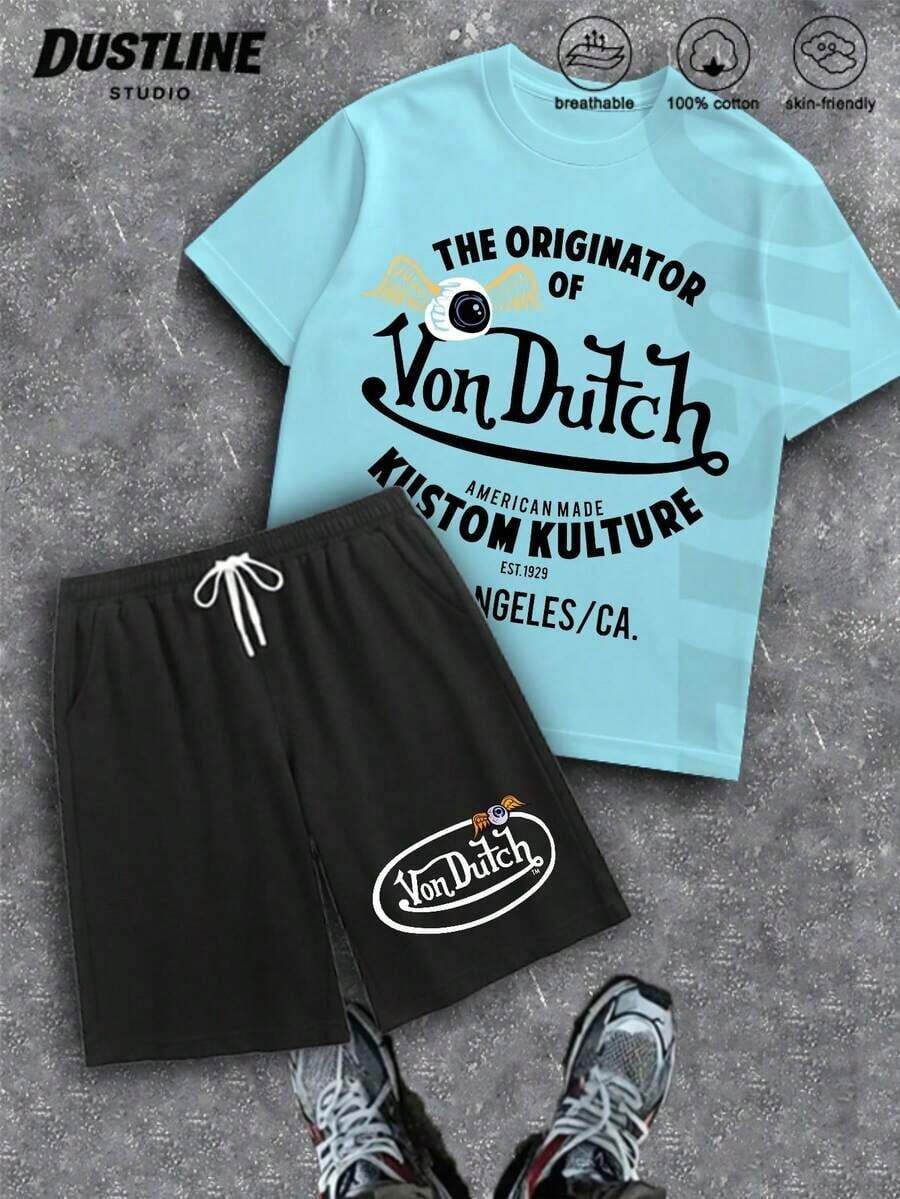 Handmade With Love Men's Creative T-Shirt And Shorts Set, American Vintage Full Print Street Wear Essential T-Shirt Set For Men, Graphic T-Shirt And Shorts Set, Vons Dutchs Motorcycle Print, Melrose Ave, Sa Cal, Breathable 100 Cotton, Skin Friendly, Casual Outfit For Summer And Everyday Wear, Summer Outfits For Women, Vacation Outfits For Women, Summer Clothes For Women, Summer - Light Blue - 查看 1