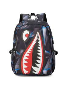 Mochila de gran capacidad con estampado de tiburón para adolescentes, mochila personalizada minimalista para la temporada de regreso a clases, mochila ligera con estampado para reducir la carga en verano, estampado aleatorio en toda la superficie (todas las letras impresas en las correas son aleatorias) - Multicolor - Ver 2