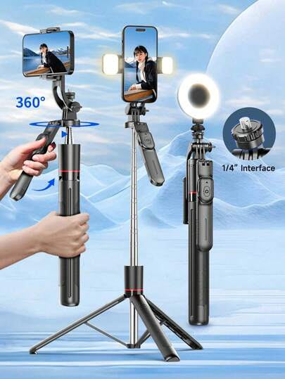 Gậy selfie có đèn LED cầm tay, chân đế selfie có thể kéo dài, chân đế điều khiển từ xa không dây, nhẹ và nhỏ gọn, tương thích với iPhone 16/15/14/13/12 Pro/Xs Max/X/8 Plus, điện thoại Android, dùng để chụp ảnh selfie/phát trực tiếp/chụp ảnh.