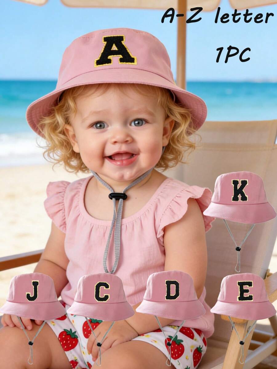 1件 A-Z字母桶帽,可調節下巴繩,輕量透氣防曬帽,適合幼兒戶外活動 - 粉色 - 查看 1