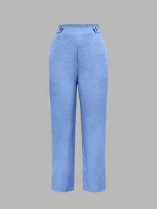 Pantalones elegantes y casuales de moda para mujer con bolsillos en ángulo y detalles de botones, adecuados para ir al trabajo, color negro, primavera - Celeste - Ver 3