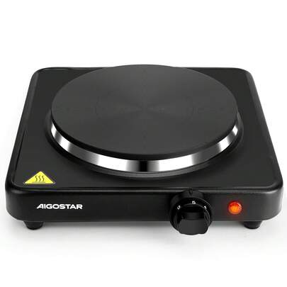 Aigostar Kochplatte, Ø 18.3 cm Arbeitsplatte aus Gusseisen, 1500W, 5 Stufig Einstellbarem Thermostat, Campingkocher für Küche, Büro oder Camping, Herdplatte 1 Kochfeld, Überhitzungsschutz, Schwarz