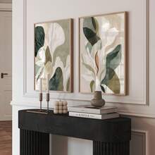 2pcs Gray Green Abstract Leaf Decorative Painting Set, Neutral Beige Botanical Poster, Modern Minimalist Living Room Bedroom Decor (Unframed) - A - View 3